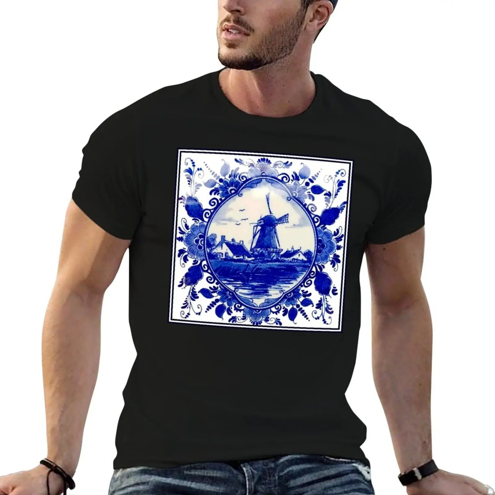 

DUTCH BLUE DELFT : Vintage Windmill on River Print T-Shirt t shirt man casual t shirt man plain T-Shirt