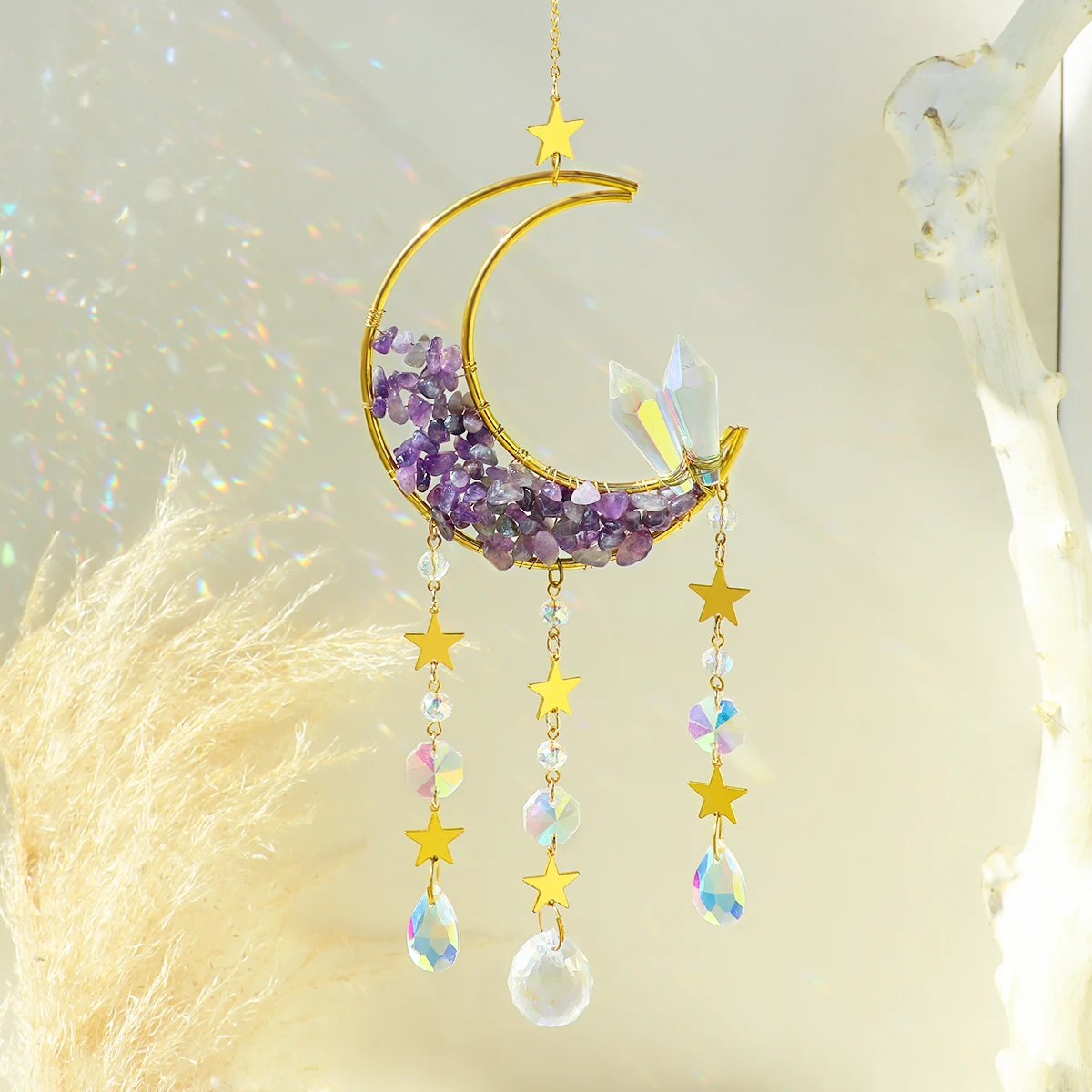 Moon Sun Catcher Crystal and Stone Dream Catcher Rainbow Maker Window Suncatcher Prism Feng Shui Crystals Garden Decor Gift Box