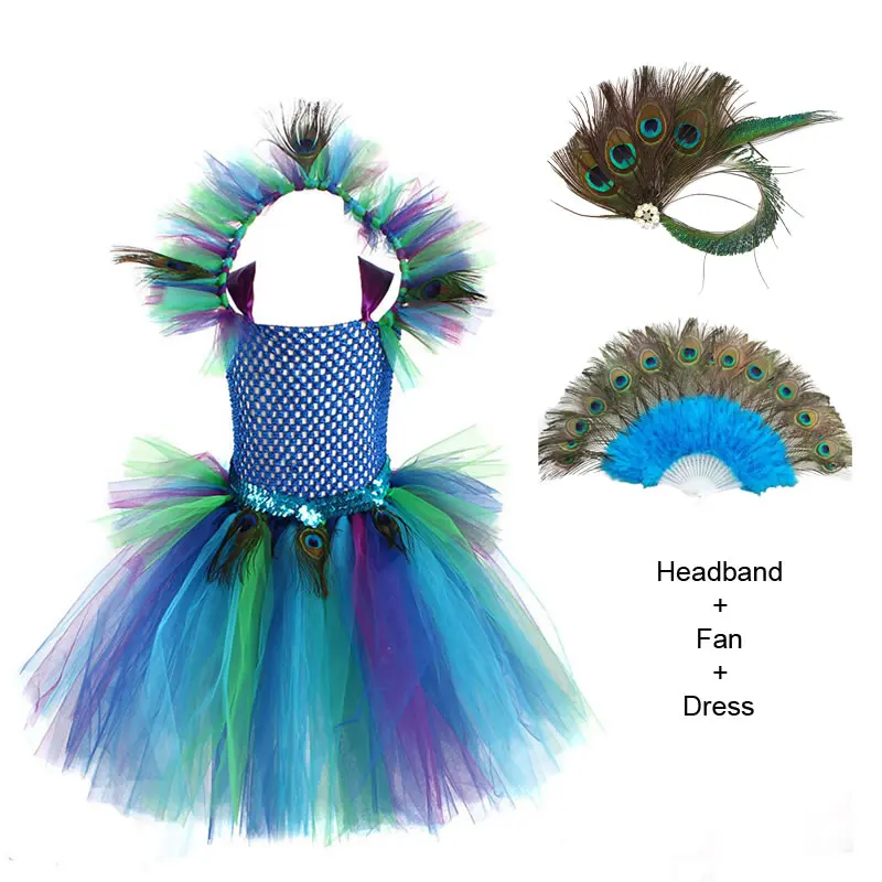 Purim Pfau Prinzessin Kleid für Mädchen Spitze Party Kostüm festliche Kind bis Tutu Tunika Stirnband