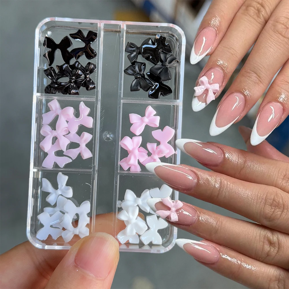 6Grids 3D Kawaii Strik Nail Art Decoraties Wit Roze Hars Strik Nail Charms Y2k Plaksteen Bowtie Ambachten Nagel Accessorie