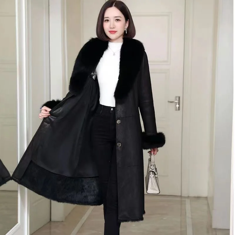 2023 New Winter real Fur Integrated Coat for Women\'s Mid length Fox Fur Collar Rabbit Fur Inner Bladder Fur Coat