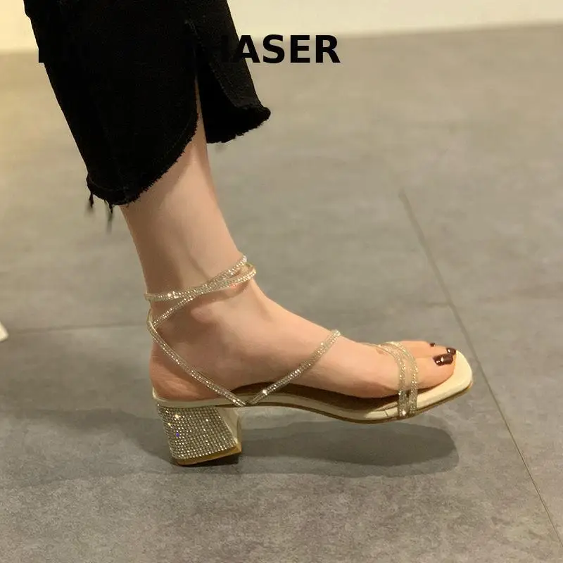 2022 Hot Sale Cross Tied Sandals Women Summer Beach Sandals Simple Ladies Square Toe High Heels Rhinestone Low Heel Dress Shoes