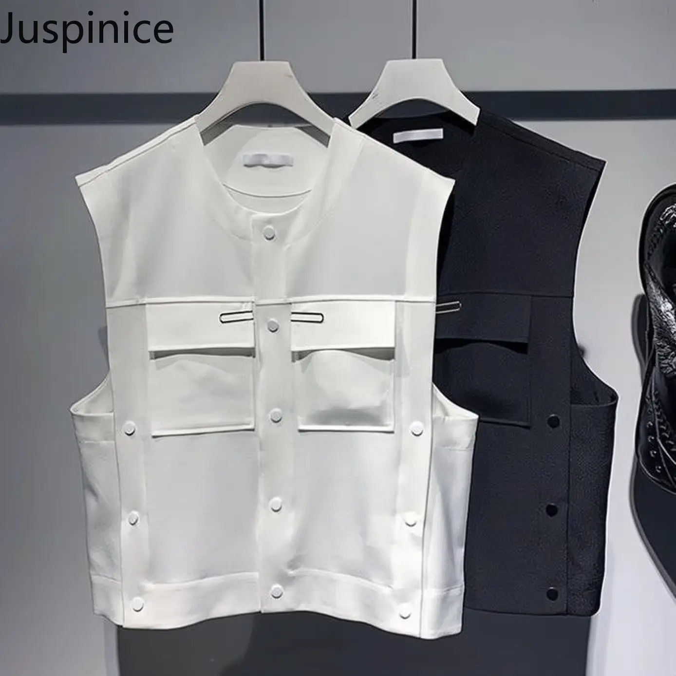 

Spring Autumn Solid Large Pocket Sleeveless Jackets Fashion Men's Loose Casual Simple High Street Vests Men Tops Male Clothes