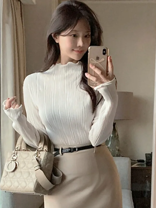 التخسيس البتلة طوق مطوي طويل Sve قاعدة irt المرأة شيك لطيف عمودي شريط الملمس قاعدة طبقة علوية الكورية Sle #3