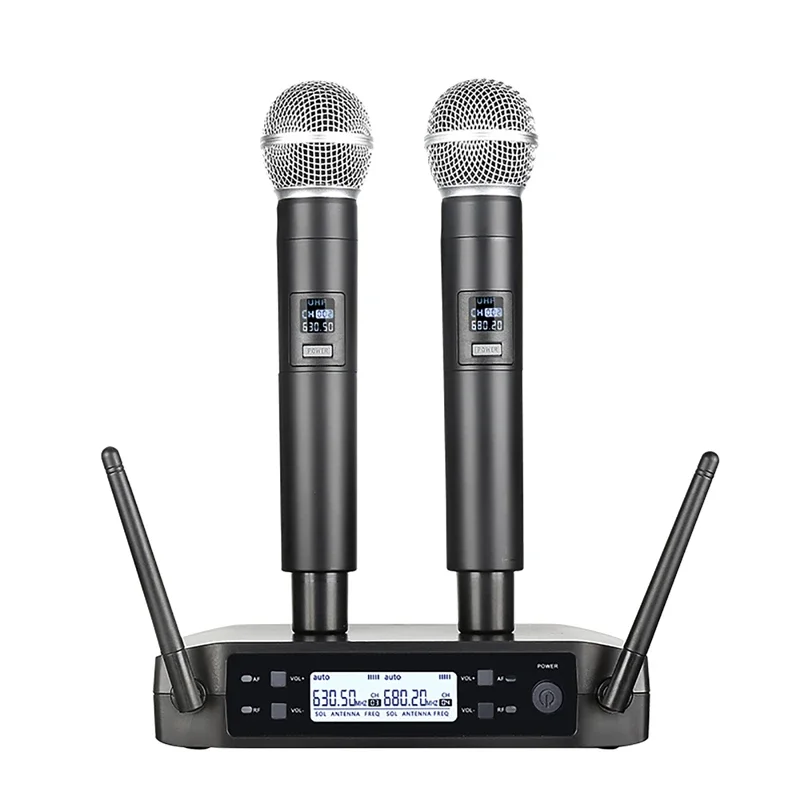 

Dual Channels UHF Wireless Microphone Set Handheld Fixed Frequency Dynamic Mic for Karaoke Wedding Party Church Show