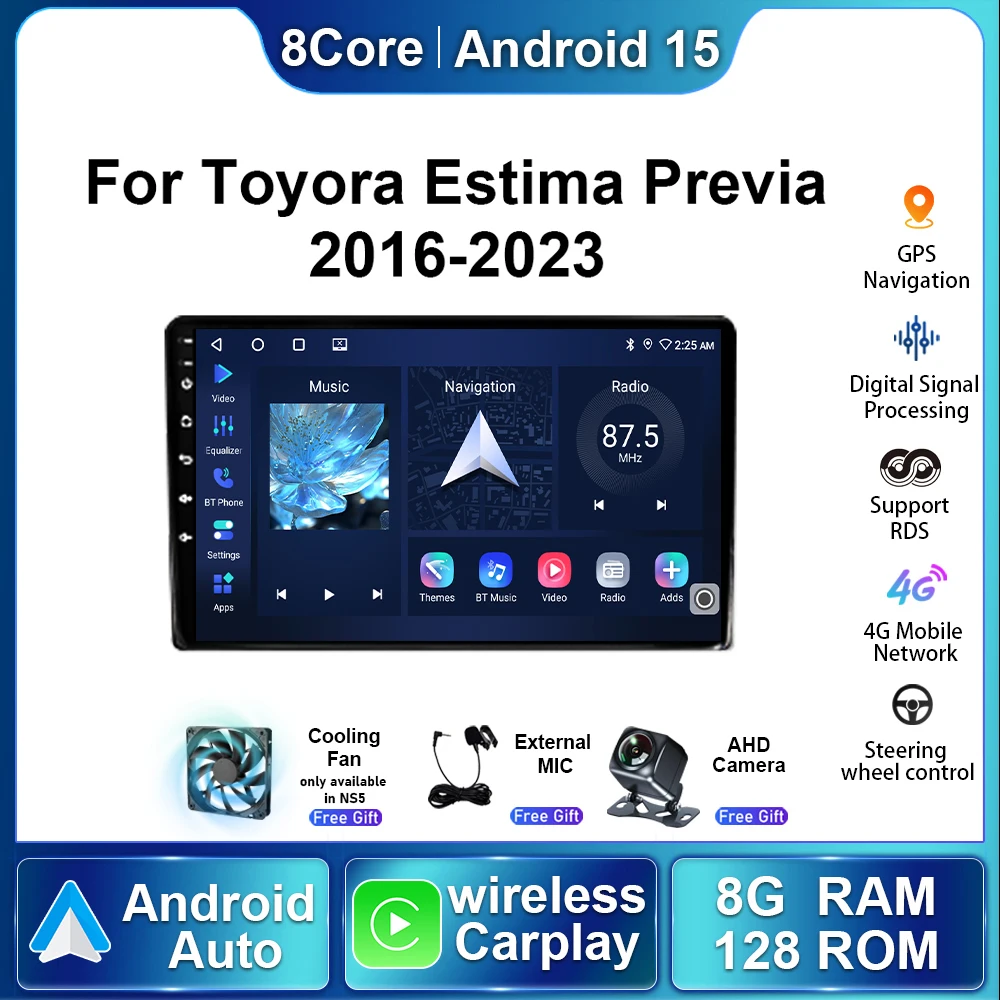 Carplay sem fio para toyota estima previa 2016 - 2023 carro dsp android 15 autoradio estéreo multimidia player de vídeo navegação gps