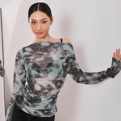 2024 New Latin Dance Tops Mesh Long Sleeves Oblique Shoulder T Shirt Adult Women Rumba Ballroom Dance Practice CLothing BL13424