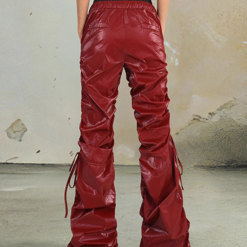 Original Design American Pleated Drawstring Red Women's Leather Pants Autumn New Sweet Cool Sexy Hot Girl Trousers Ladies Ladies