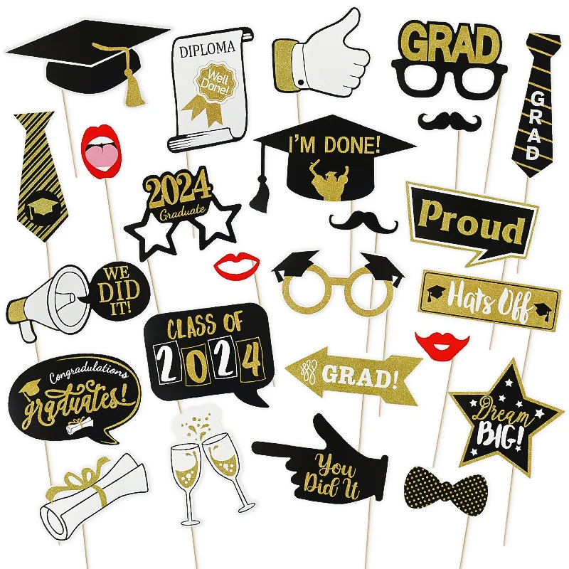 

2024 Graduation Photo Booth Props Pack of 25 Black Gold Graduation Photo Props Decora Class Of 2024 Graduation Party Supplies