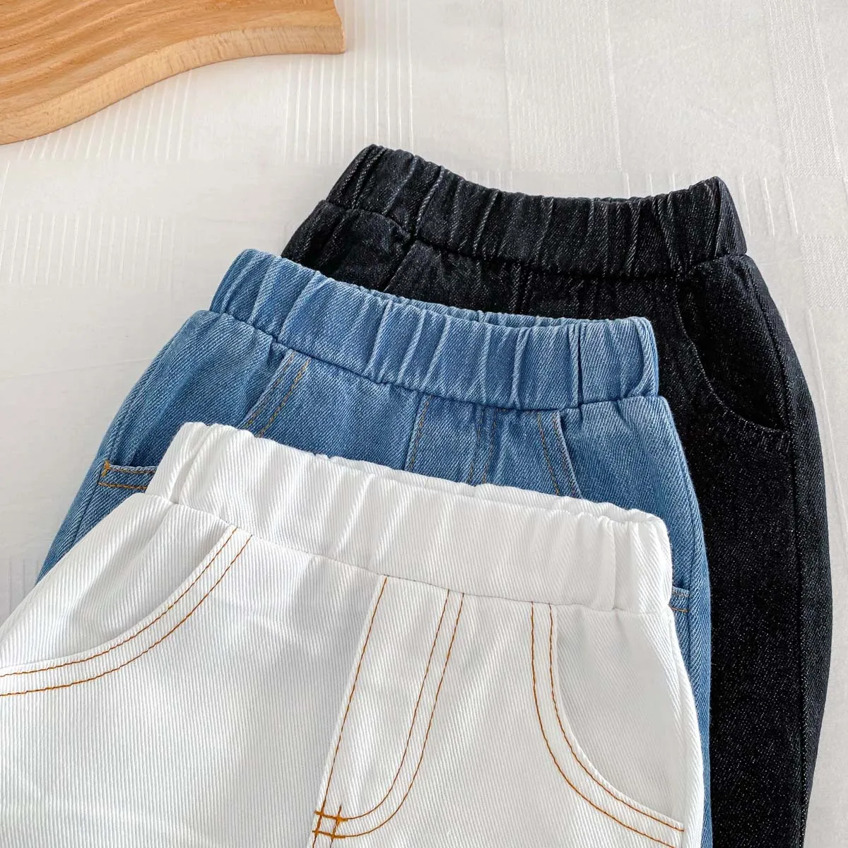 MiniAinis Spring New Baby Toddler Solid Color Jeans Girls Soft Pants Boys Elastic Waist Casual Trousers Kid Pockets Britches image 2