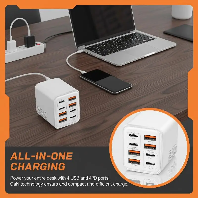 240W GaN USB C Charger 8 In 1 Fast Charging Power Adapter Portable for Family Travel Phone Laptop Charging view 2