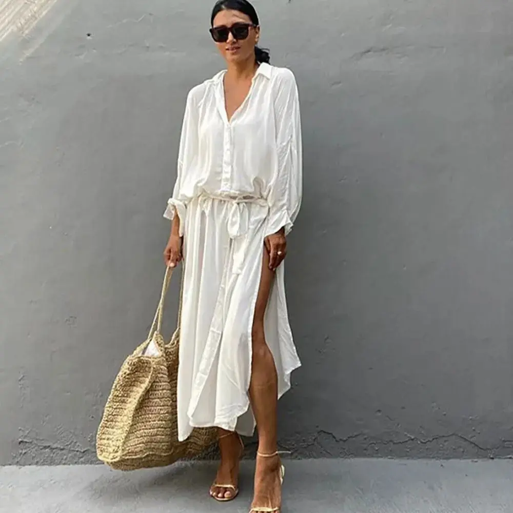 

Пляжная туника-накидка для женщин 2024, белая, хлопковая, с высоким воротником, однотонная, парео, пляжная одежда