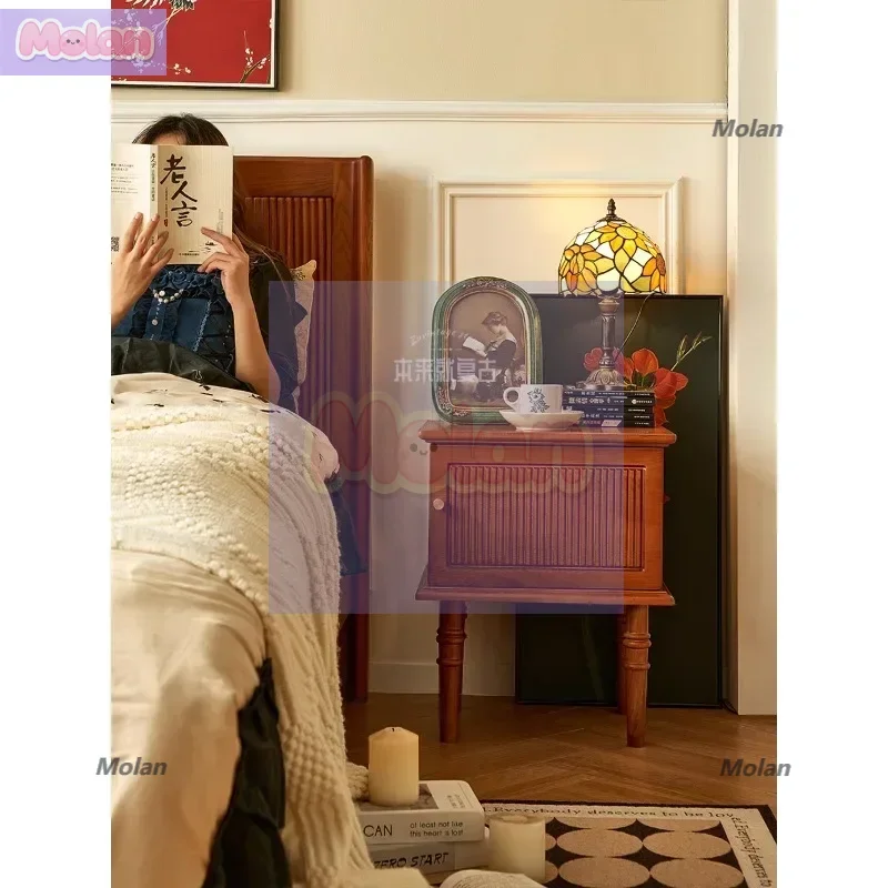 

French retro designer medieval pure solid wood bedside table full small apartment bedroom household bedside cabinet locker