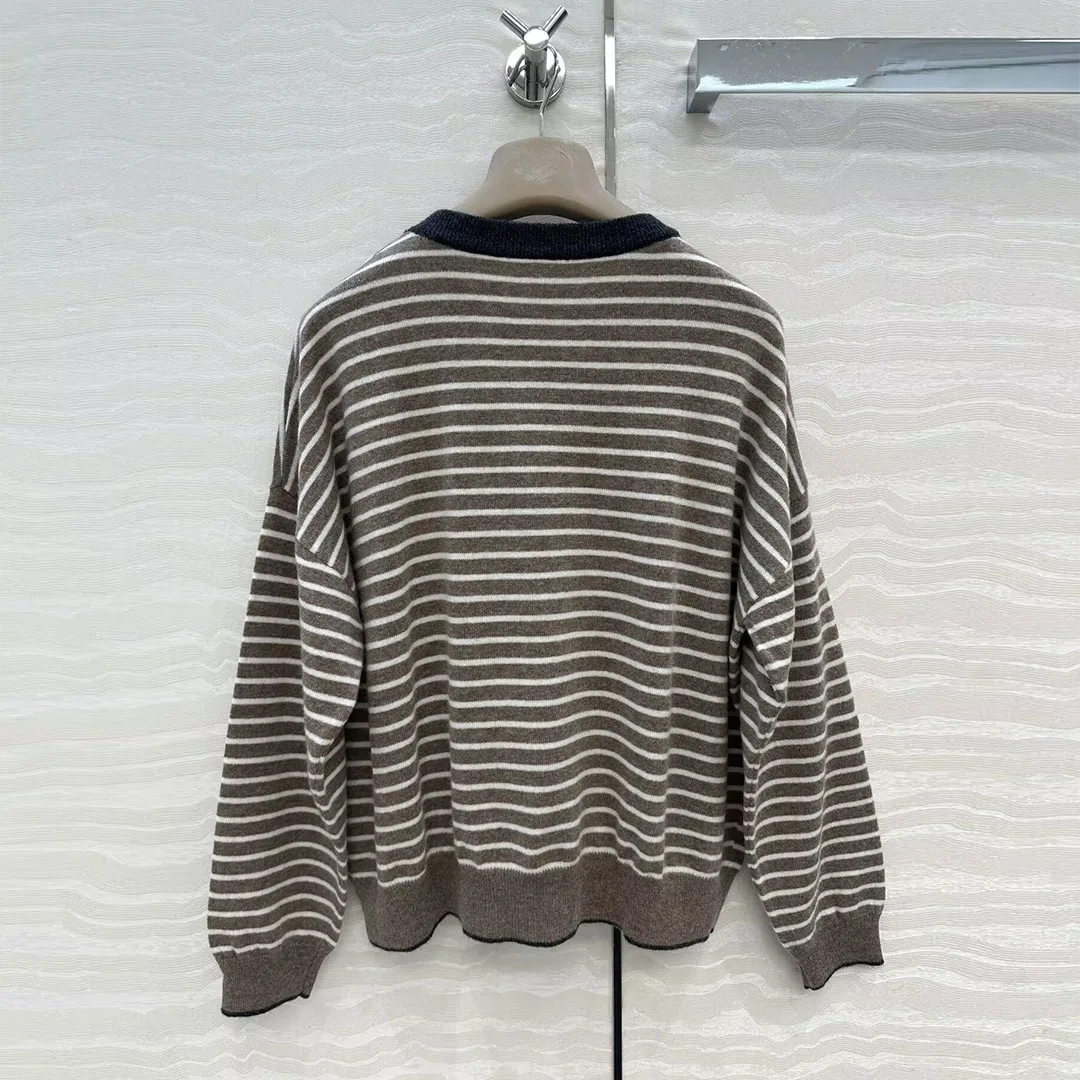 2025 Nuovo Autunno Vecchio Stile di Soldi 100% Cashmere Lavorato A Maglia Pullover Delle Donne O-Collo Manica Lunga Strisce Modello Allentato Maglione Casuale