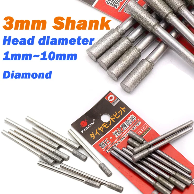 3mm Shank Diamond & CBN Coated Flat Head Cylindrical Grinding Bits Diameter 1/1.5/2/2.5/3/4/5/10mm For Dremel Engraving