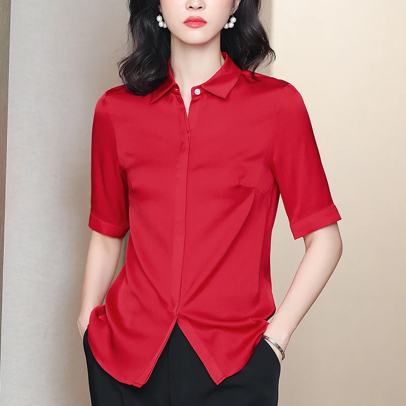 

2026 Summer Women Short Sleeve Real Silk Office Lady Work Shirt Blouse Solid Tops Elegant Shirts Fashion Blouses for Women