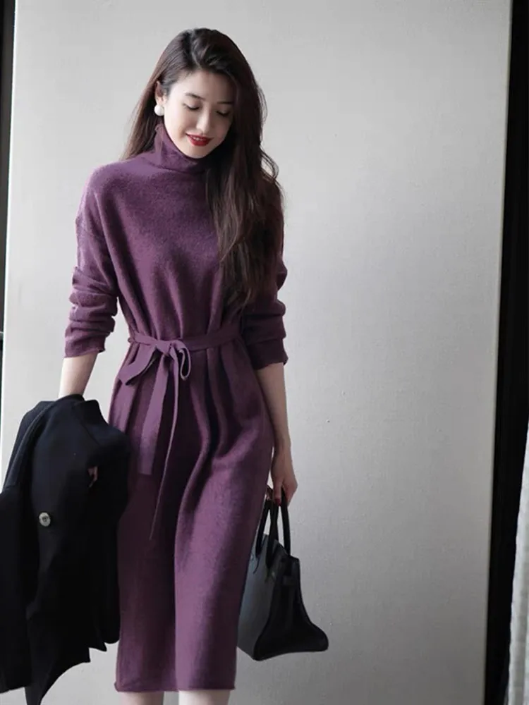 European station 2022 new high-end sense with overcoat purple long skirt women high collar knit base dress autumn and winter