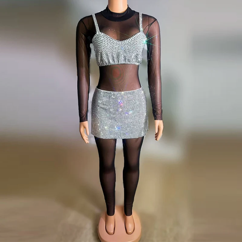 Sexy Mesh Overall Voller Strass Kostüm Frauen Party Jazz Dance Kleidung Bar DJ Pole Dance Festival Outfit Bühne Tragen XS9905