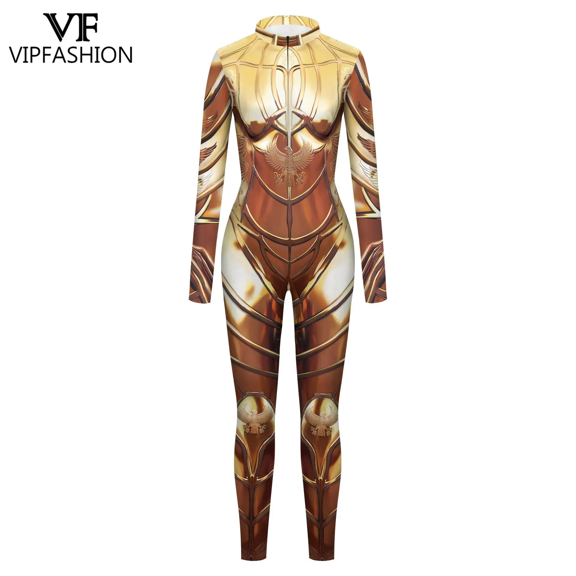 VIP FASHION Woman Gold Egyptian Pharaoh Jumpsuits Punk Cosplay Costume Sexy Front Zipper Zentai Bodysuits Halloween Party Outfit