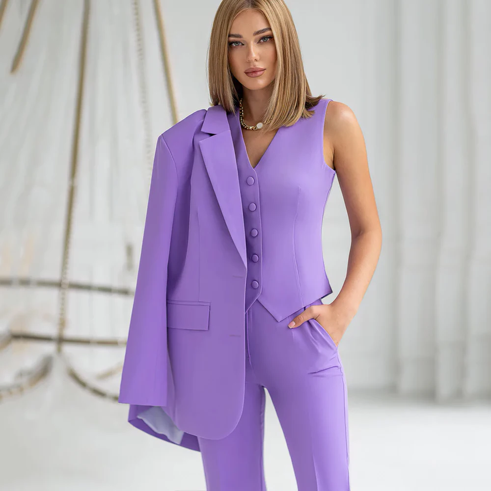 Women\'s Purple Regular-Fit 3-Piece Suit, Business Office Set, Jacket, Vest, Pant, Top Quality, Wedding Suit，Customized