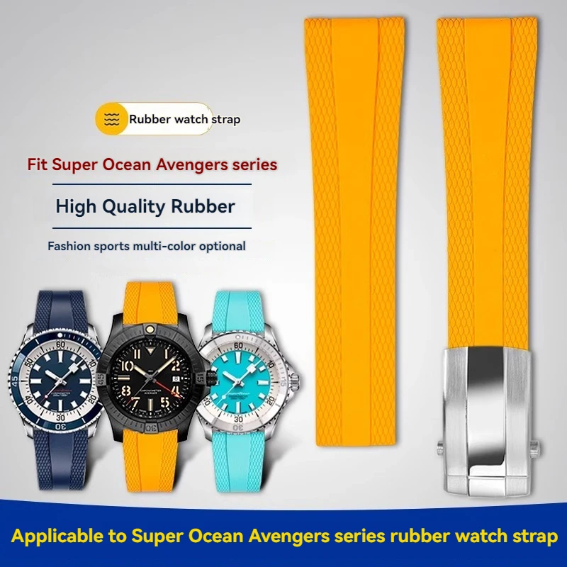 For Breitling Super Ocean Avenger Yellow Wolf Blackbird Mechanical B01 Timing Fluororubber Watch Band FKM Rubber Bracelet 22mm
