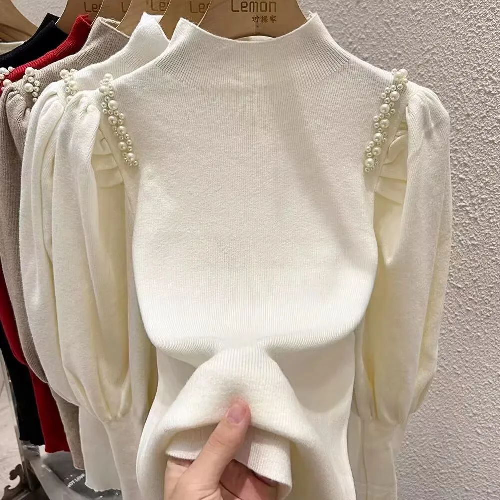 Perlen Puff Sleeve Stricken Pullover Neue Frauen Herbst Winter Mock Neck Basis Shirt Femme Alle-spiel Warme Pullover Koreanische tops 2024