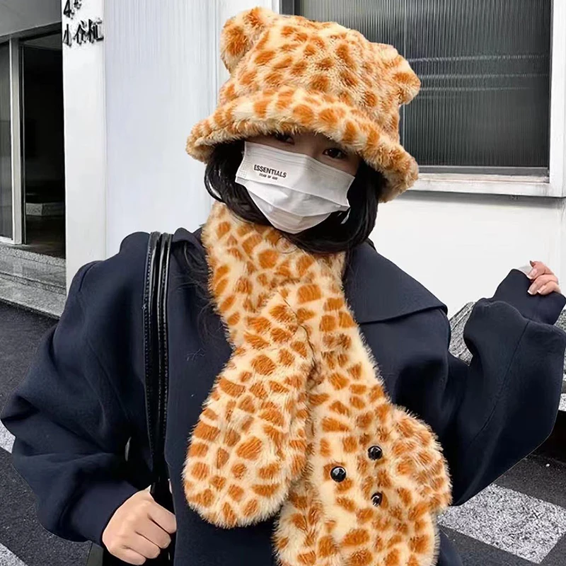 Bear Ears Plush Bucket Hats Winter Hat Scarf Two-piece Set Women Leopard Print Neck Protection Cold Proof Warm Cartoon Scarf