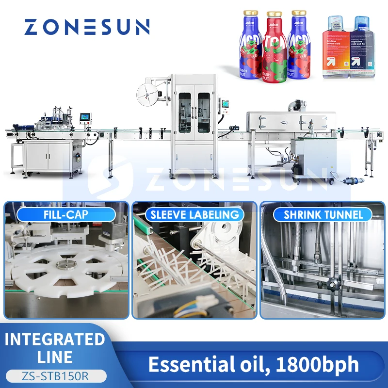 ZONESUN Automatic Liquid Filling Capping Sleeve Labeling Shrinking Production Line ZS-STB150R Juice Milk Essential Oil Packaging