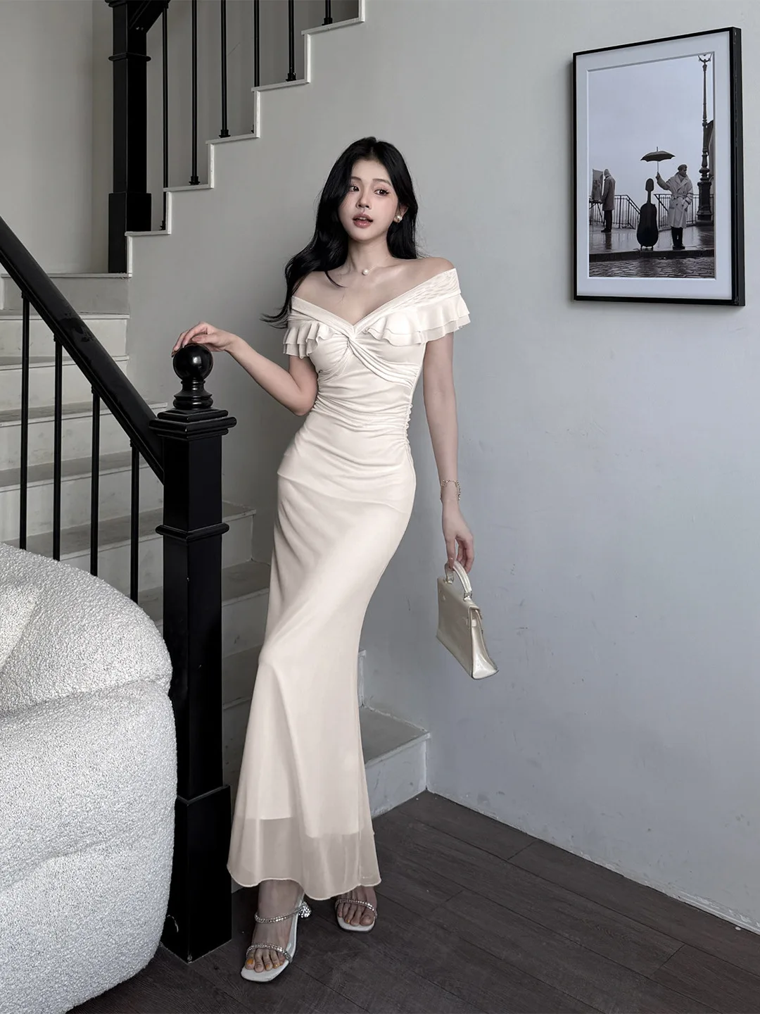 

Платье русалки без бретелек с открытыми плечами во французском стиле ретро, тонкое платье русалки для женщин, летнее вечернее платье