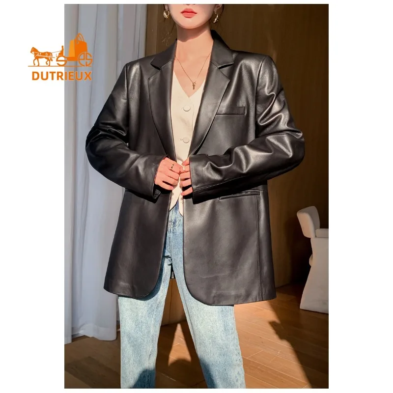 Nuovo abito da donna autunnale Giacca a vento di media lunghezza Silhouette Giacca in vera pelle, 100% vera pelle di pecora, cappotto letterario ed elegante