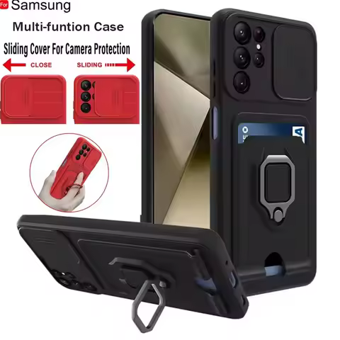Luxury Push Window Card Slot Case For Samsung Galaxy S24 S23 Ultra S22 Plus 5G S21 S20 FE Ring Holder Magnetic Phone Cover