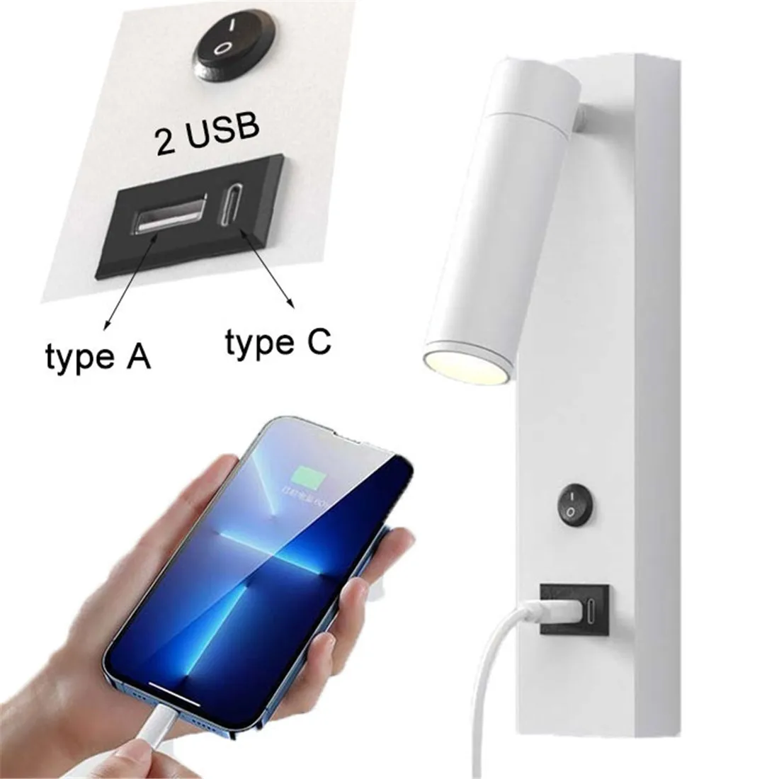 luz de parede led moderna com portas de carregamento usb tipo c arandela de parede ajustavel com interruptor e portas usb para cabeceira e sala de estar 01