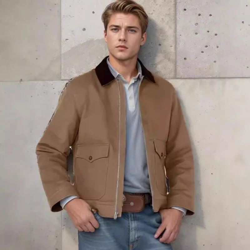 2024 Chaqueta informal sencilla de primavera y otoño para hombre, abrigo con cuello, cárdigan con cremallera a juego de colores