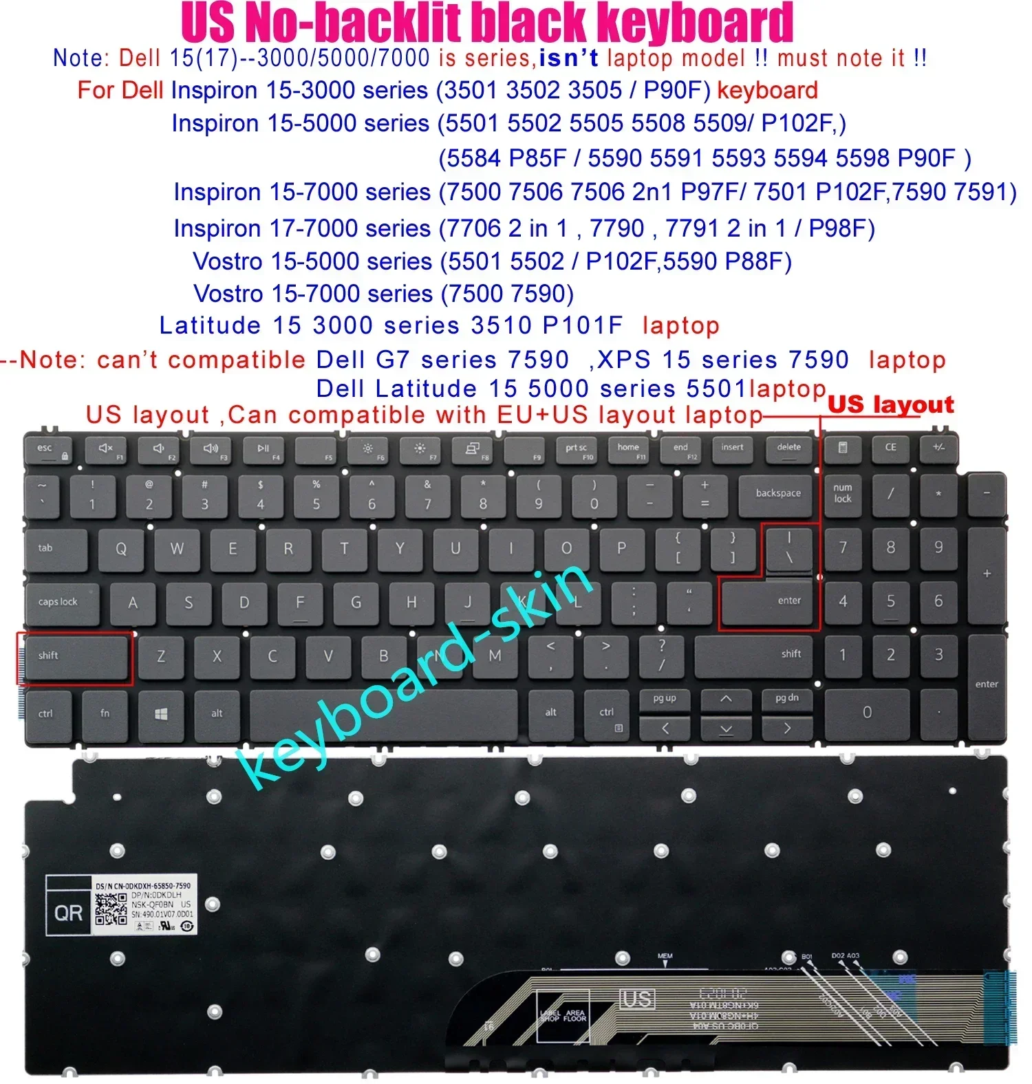 

New US black Keyboard no-Backlit for Dell Vostro 5501 5502 P102F 5590 P88F 7500 7590 Latitude 3510 P101F Inspiron 7706 7790 7791