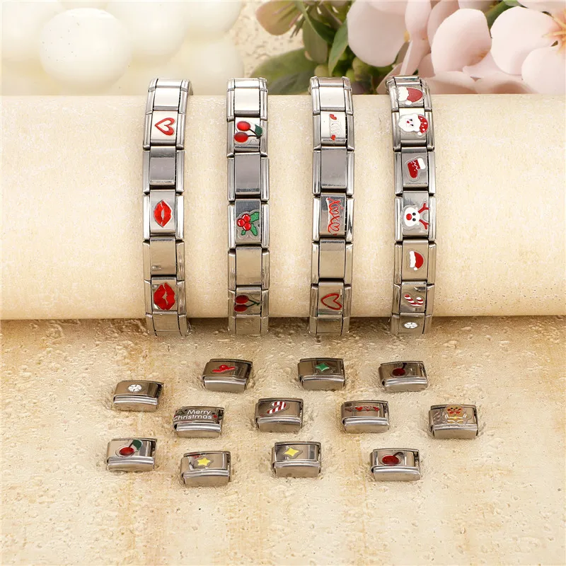 New Red Heart Lips Cherry Sticker Italian Charm Links Fit 9MM Fashion Bracelet Stainless Steel For Women Men Jewelry DIY Gift