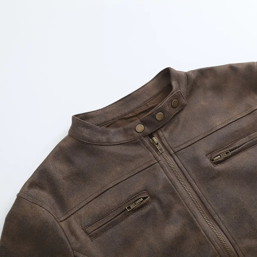 معطف نسائي كلاسيكي من جلد الغزال المغسول على الطراز الأمريكي، جاكيت قصير بياقة واقفة بقصة ضيقة لخريف