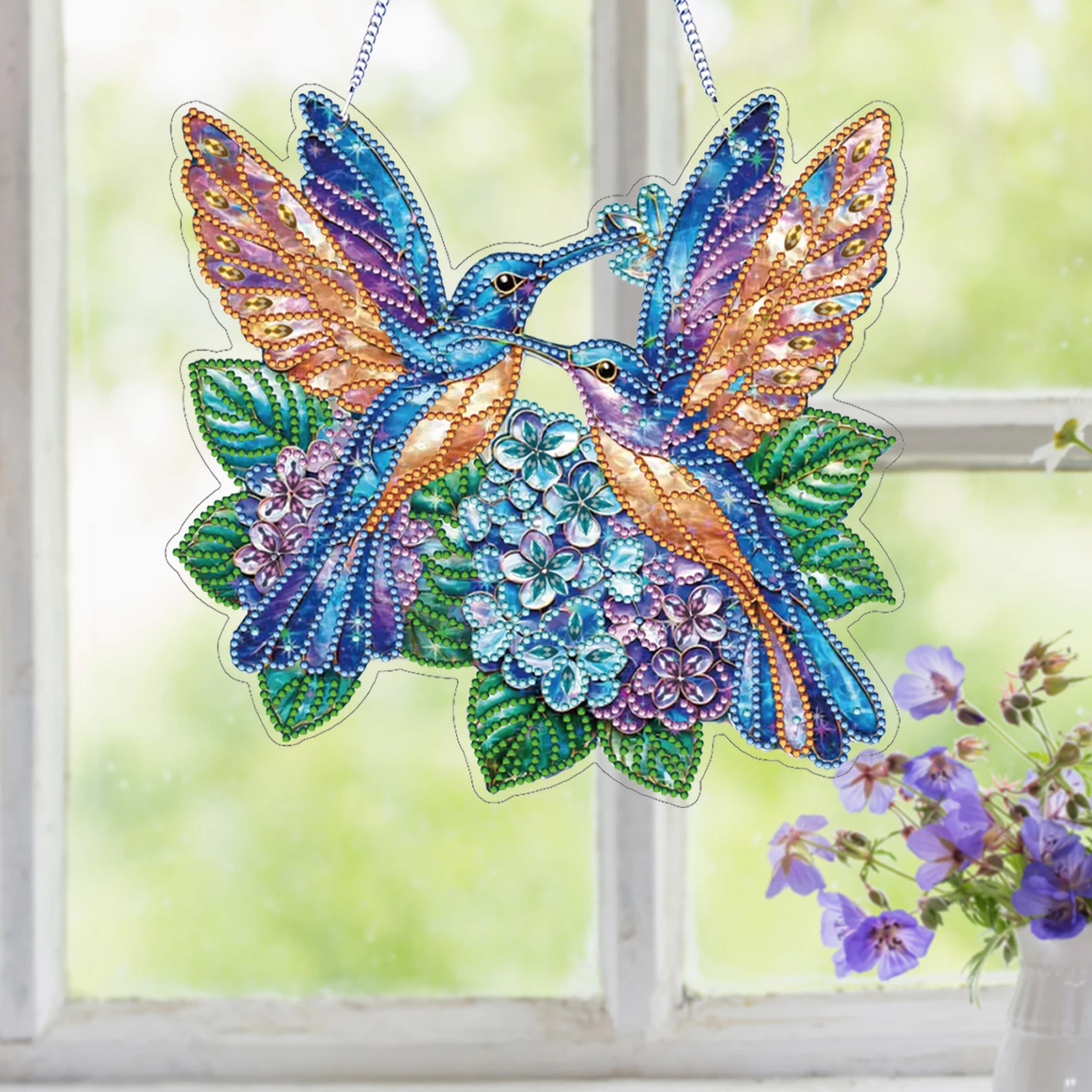 Flower DIY 2D Flat Acrylic Diamond Painting Hanging Pendant Double-Sided Diamond 24cm for Adults Home Garden Wall Door Hanging