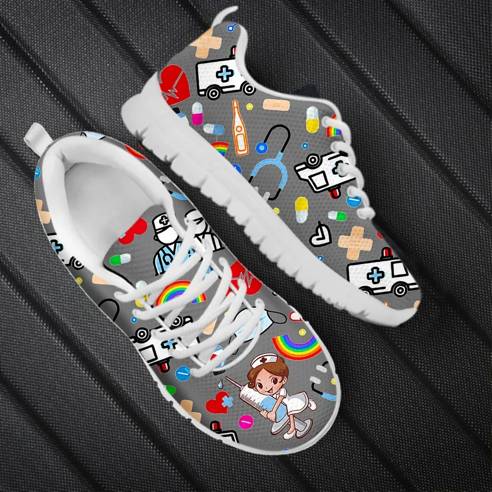 2023 New Nurse Shoes Classic Cartoon Nurse Girls Ambulance ECG Medical Pattern Lace-up Sneakers Outdoor Footwear Hot