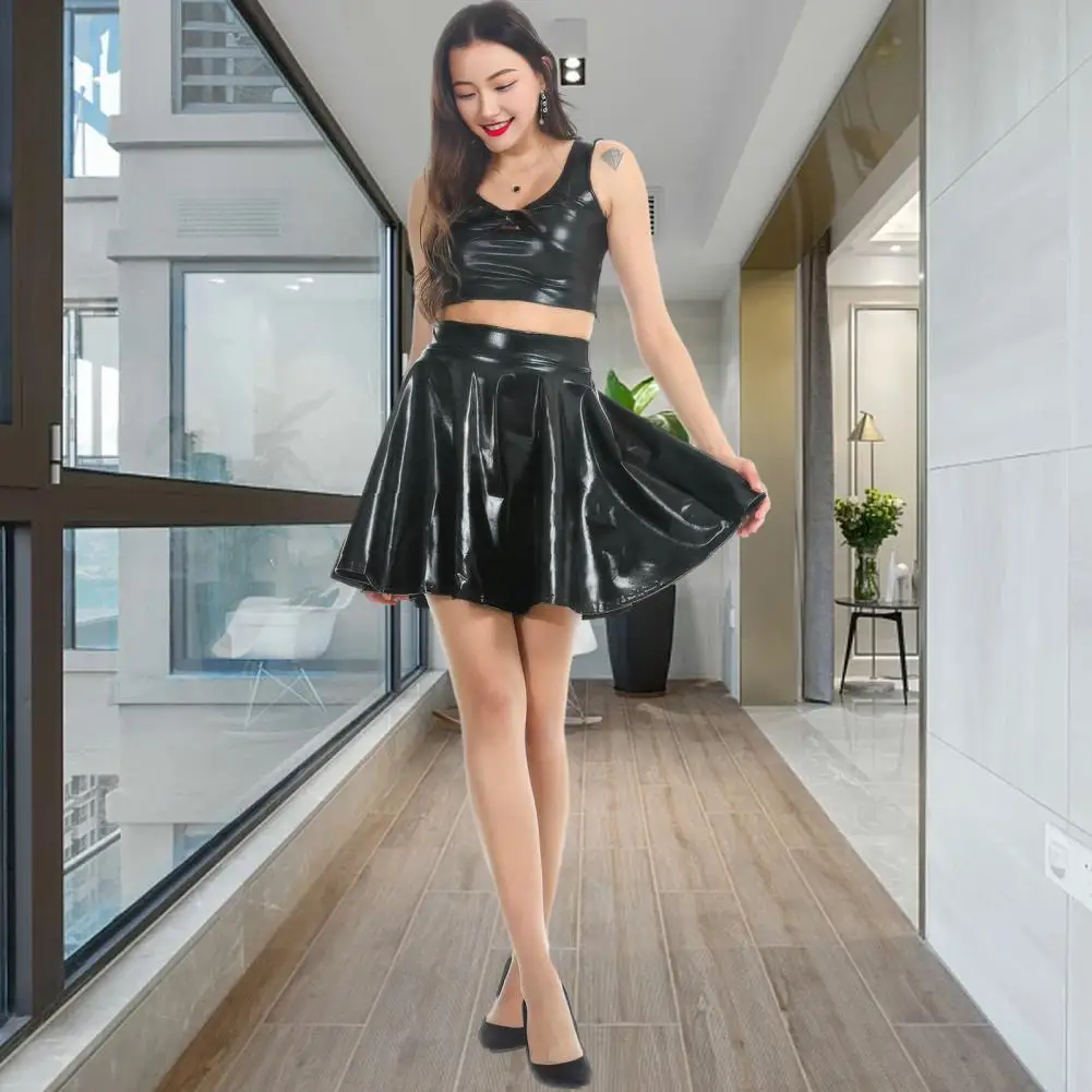 

Big Hem Skirt Women's Faux Leather A-line Pleated Mini Skirt with High Elastic Waist Big Hem Solid Color Above for Performance