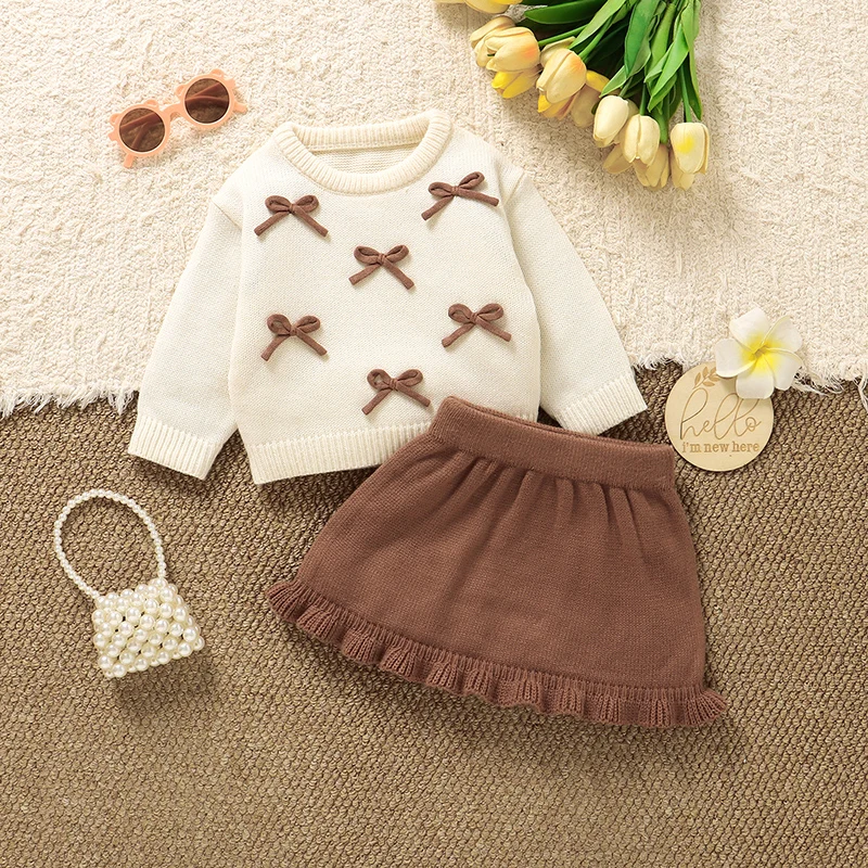 Winter-Babykleidung für Mädchen, Modische Schleifen-Strickpullover mit Langen Ärmeln + Kleid, 2-teiliges Set, Kleinkind-Oberbekleidung