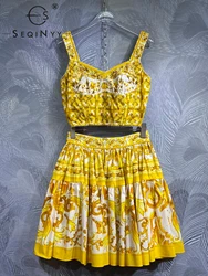 SEQINYY Yellow Suit 100% Cotton High Quality Summer Spring New Fashion Crop Top + Mini Skirt Vintage Flower Print Sicily Casual