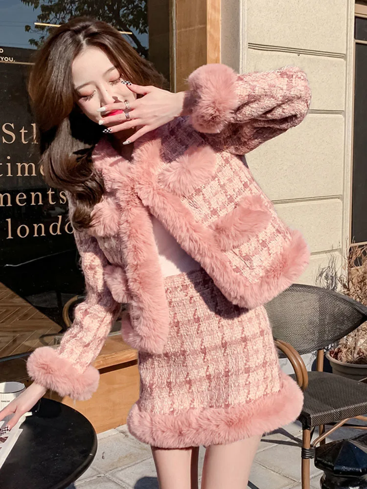 Fall Winter Pink Warm Thick Tweed Two Piece Sets For Women High Quality Elegant Wool Blend Patchwork Plaid 2 Piece Skirt Sets