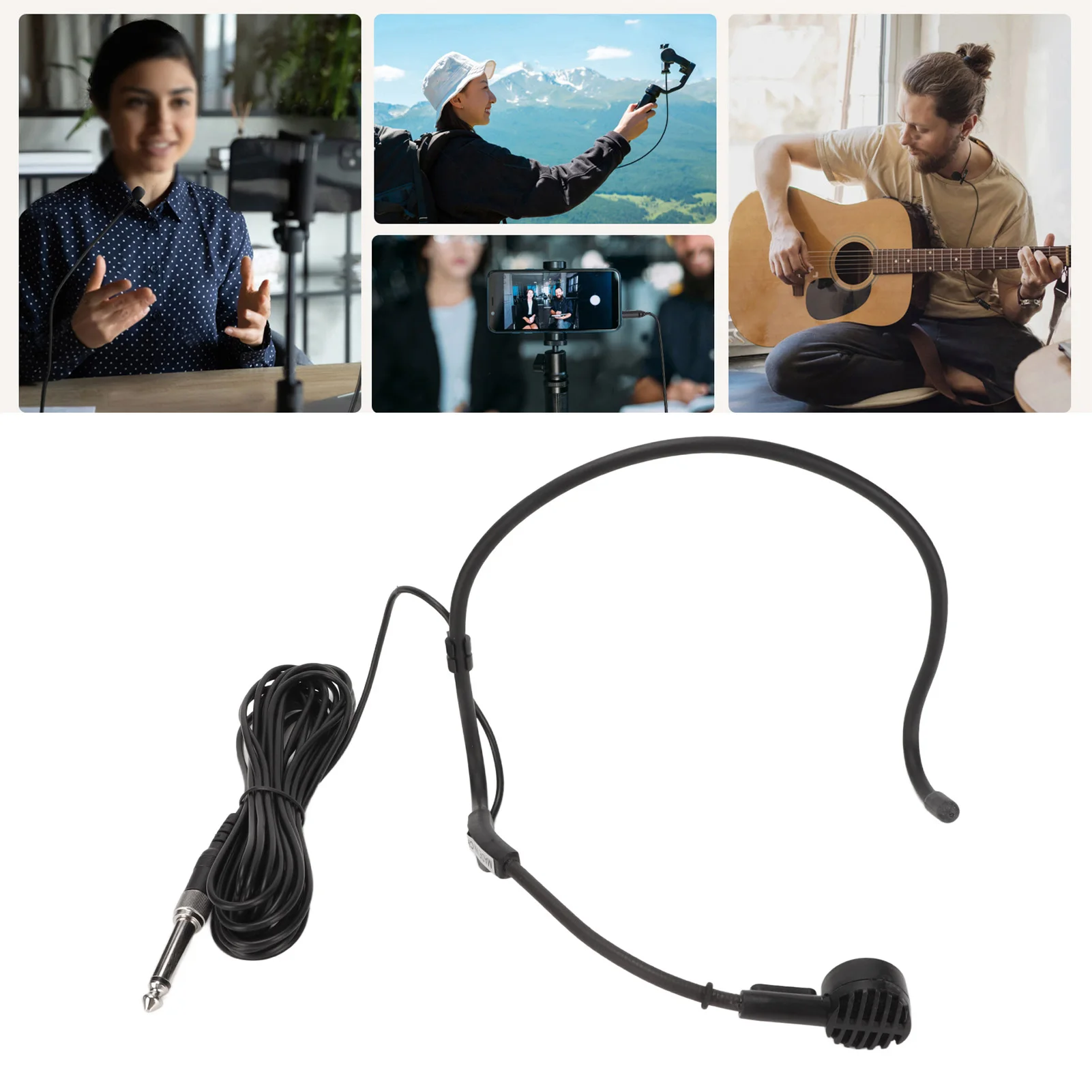 Headworn Microphone 16.4ft Length Wired Lightweight 6.35mm Jack Earhook Microphone for Teaching for Men for Karaoke Speakers