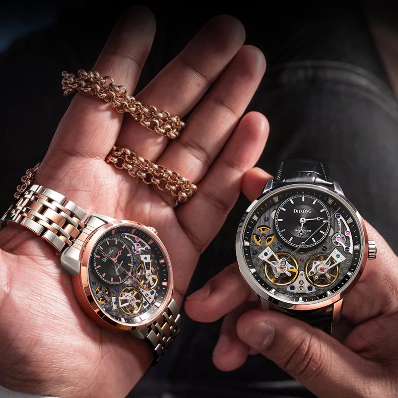 DITALING мужские автоматические часы роскошные часы винтажные механические наручные часы 50 м водонепроницаемые сапфировый скелетон двойной маховик