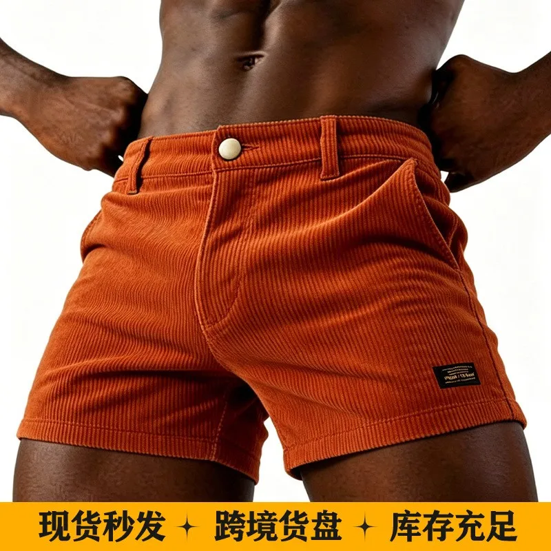 

Men's Rust Orange Corduroy Shorts Cotton Slim Fit High Waist Short Pants Button Front Flat Front Casual Shorts Tailored Woven