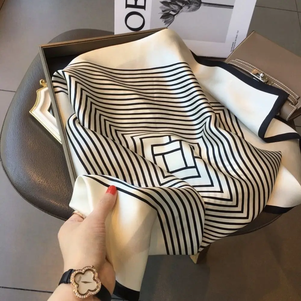 Fashion Square Silk Scarf Double Sides 70*70cm Hair Scarf Handbag Wraps Black White Neckerchief Female