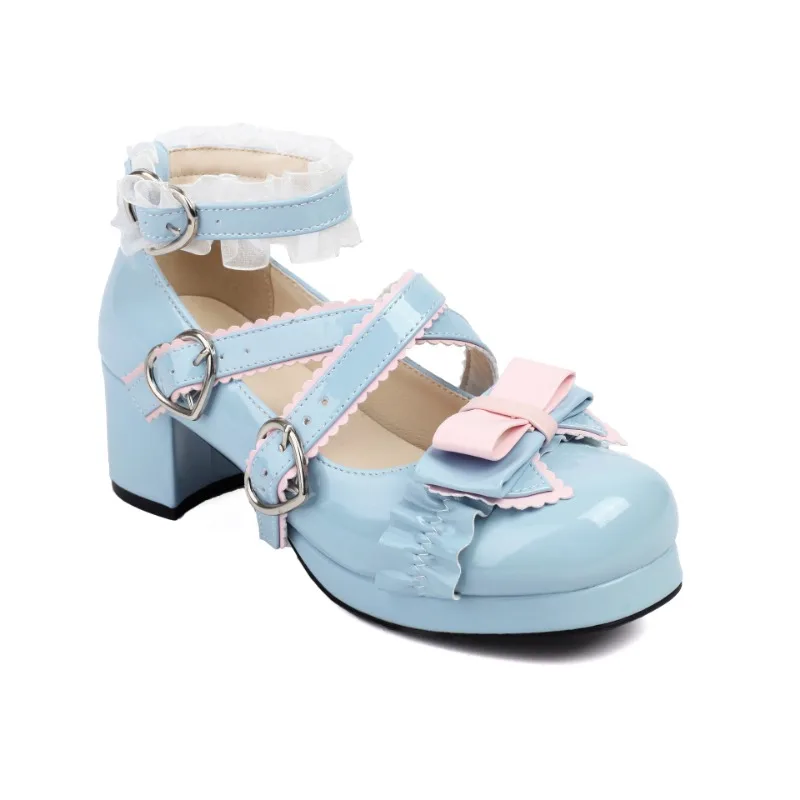 Plus Size Spring Summer Lolita Shoes Color Block Bow Buckle Slip On College Style Pumps