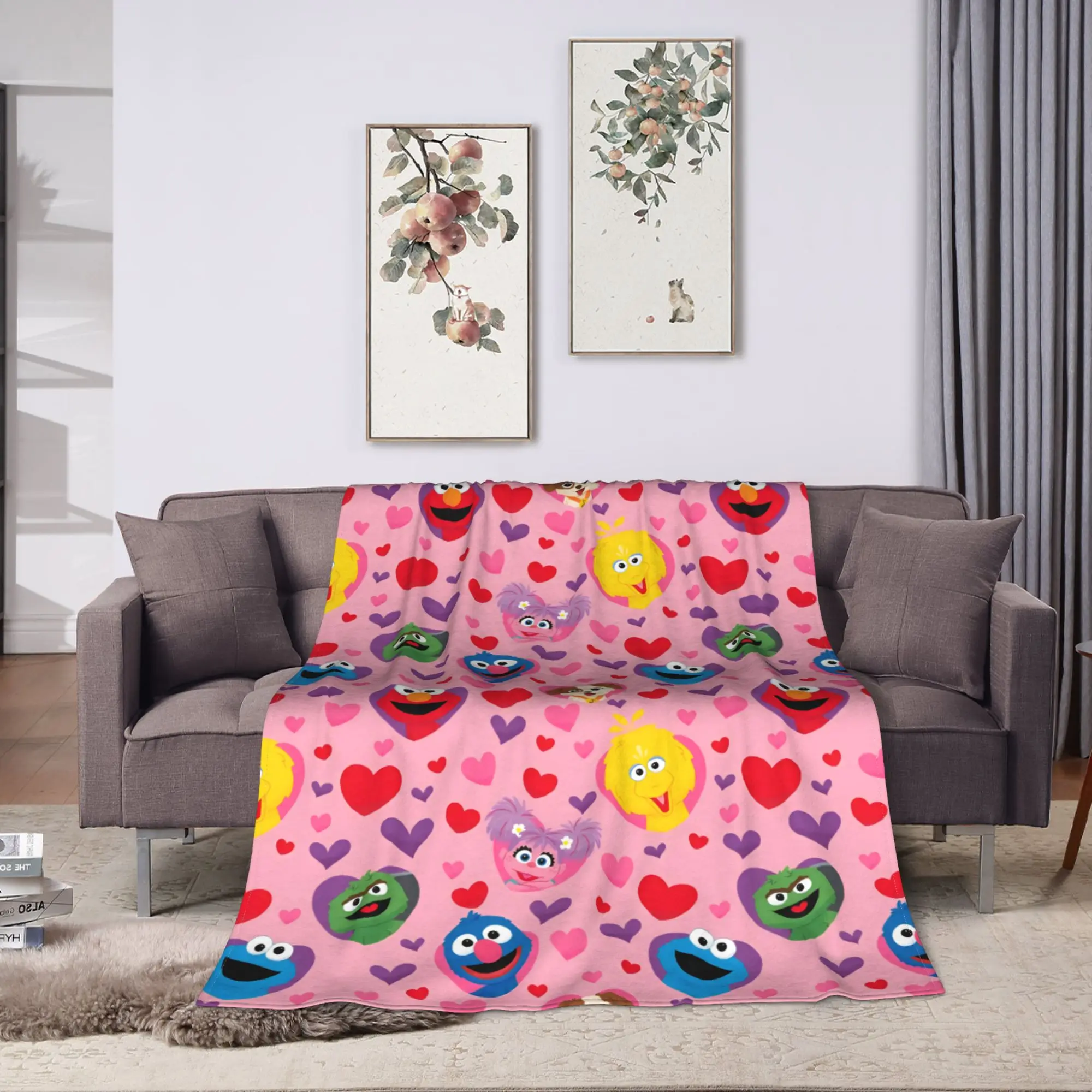 Warm Soft Blanket Picnic Hearts Pattern Bedding Throw S-Sesames Streets Flannel Bedspread For Couch Bed Aesthetic Sofa Bed Cover