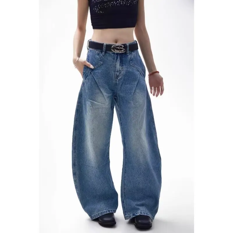 Blue Womens Jeans High Waist Vintage Design Hip Hop Straight Baggy Denim Pants Street Y2K American Style Wide Leg Denim Trouser