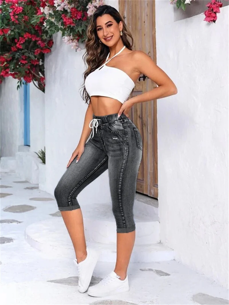 2023 New Summer Women\'s Elastic Waist Black Ripped Jeans Fashion High Stretch Calf-Length Denim Pencil Pants S-2XL